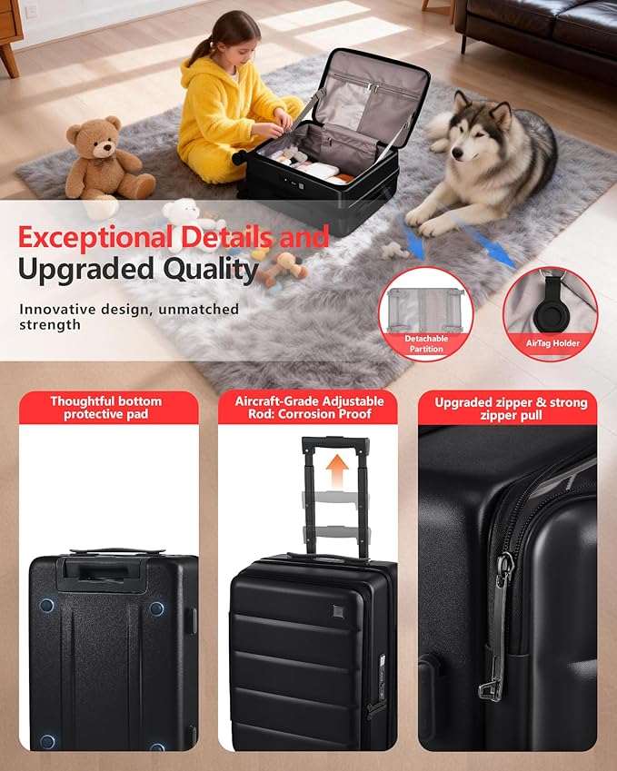 Expandable 20Inch Carry On Luggage Airline Approved - Top Opening Hardside Travel Suitcase Unbreakable -with Cup Holder,USB Charge,Side Pothook, 360°Spinner Wheels, TSA Lock-Black