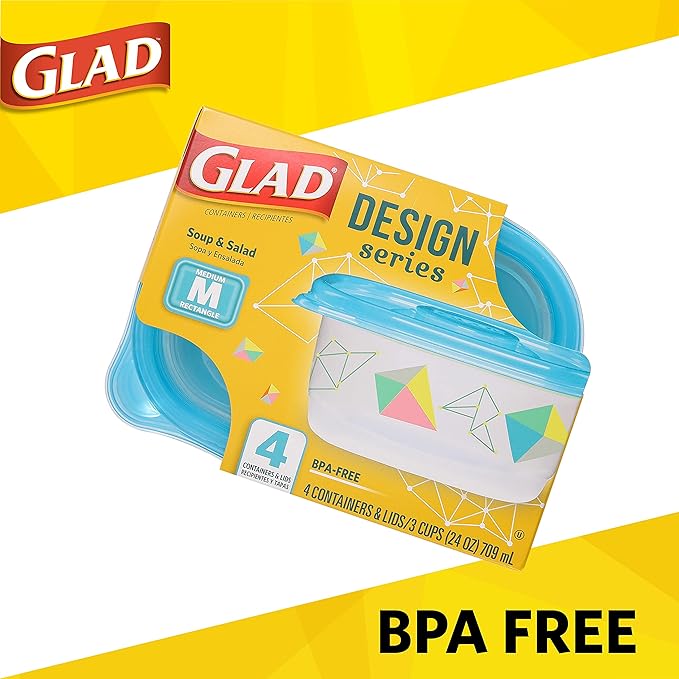 Glad GladWare Design Series Food Storage Containers with Lids, Medium Rectangle No BPA Plastic for Meal Prep and Lunches, Tight Seal, Microwave and Dishwasher Safe, 24 Oz, 4 Count