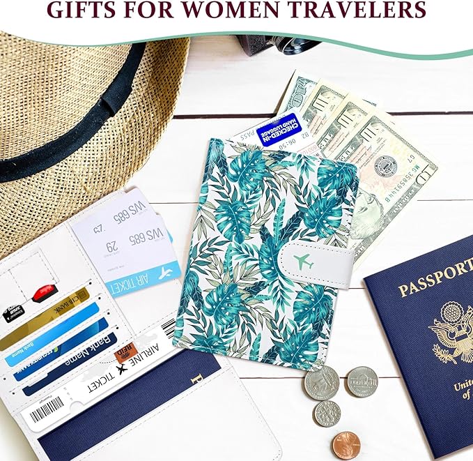 COSHAYSOO Personalized RFID Passport Holder for Travel Women Passports Cover Case Tropical Palm Leaf Pattern, Air Essentials Airplane Flight Accessories Airline Plane Flying Must Haves