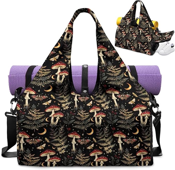 Mushroon Forest Butterfly Womens Gym Bag with Shoes Compartment Lightweight Carry On Bag Travel Luggage Sports Workout Swim Beach Weekender Overnight Bags for Women Gifts