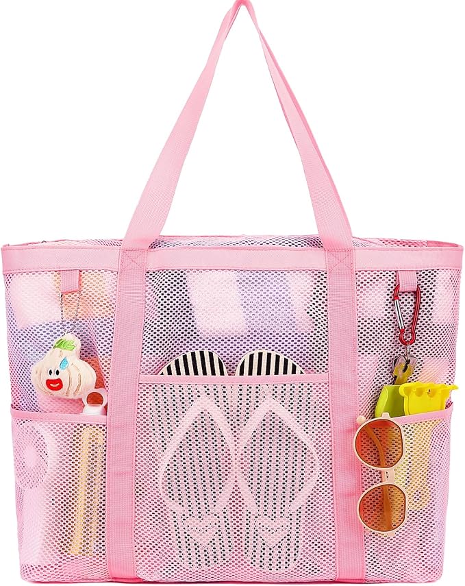 Mesh Beach Bag with Zipper, Large Beach Tote for Women, Toys Pool Swim Bag Travel Vacation Cruise Essentials