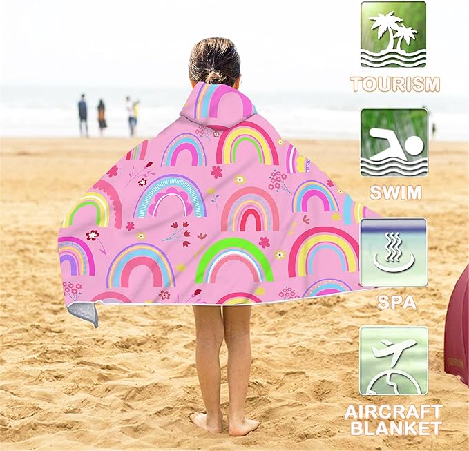 Bonsai Tree Rainbow Hooded Beach Towel for Kids Girls, Cute Unicorn Bath Towel with Hood, Pink Magic Rainbow Microfiber Super Absorbent Soft Poncho Bathrobe for Swin Pool 30”x50”