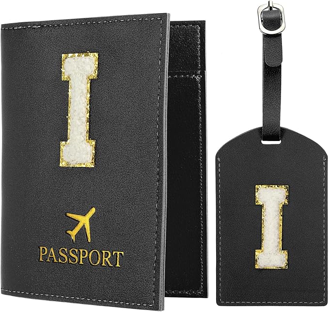 PATIKIL Passport Holder for Travel, Initial Passport Cover and Luggage Tag Set with Alphabet Chenille Letter Patch Travel Wallet Bag Suitcase Identifier for Women Family Travel Black I