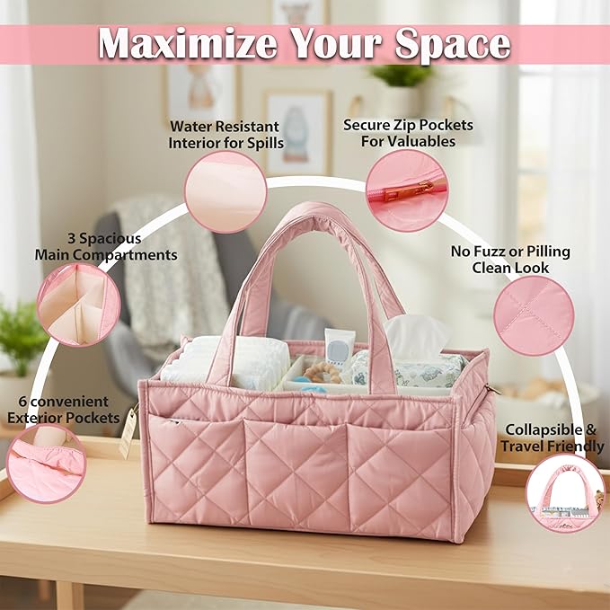 Baby Diaper Caddy Organizer, Nursery Storage Basket for Newborn Essentials, Travel Baby Basket for Diapers Baby Wipes, Organizer Tote Bag Storage Bin, Baby Shower Gifts (Pink)