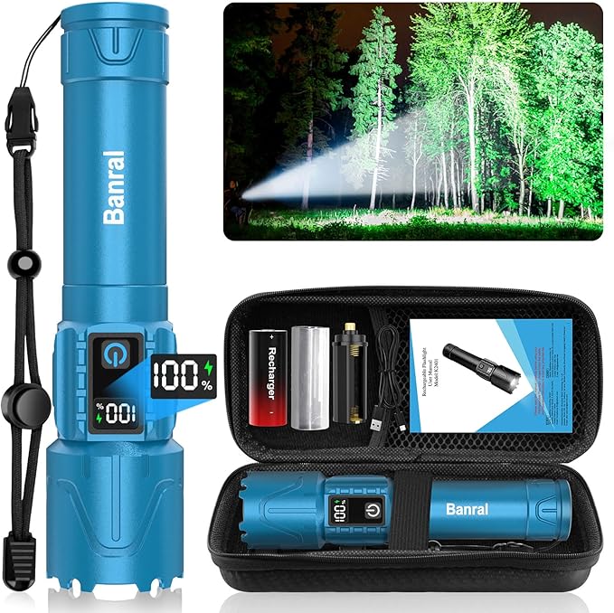 Rechargeable Tactical Flashlights 2000 High Lumens - 5000mAh Super Bright LED Powerful Flash Light, Waterproof Handheld USB C Flashlight for Home,Car,Camping,Emergencies,Zoomable (1, Turquoise)