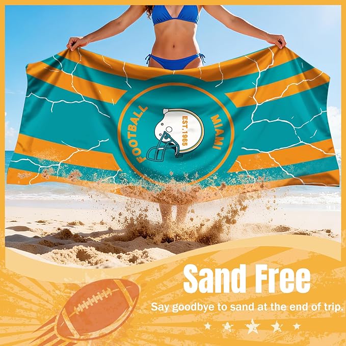 Football Fan Thin Lightweight Microfiber Beach Towel Miami Themed Large Sand Free Oversized Absorbent Men Women Gear Dolphins Team Dad Husband Guy Him Birthday Anniversary Personalized Unique Gift