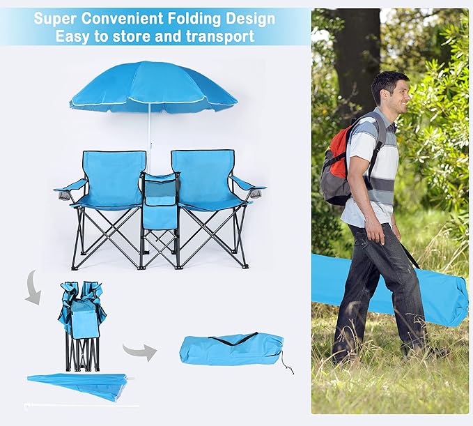 LAZZO Double Folding Camping Chairs, Portable Picnic Camping Chairs w/Umbrella Mini Beverage Holder Carrying Cooler Bag, Outdoor Picnic Double Folding loveseat Camp Chairs for Beach Patio Pool Park