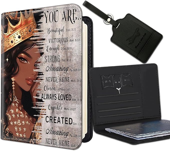 Passport Holder Women Wallet with Luggage Tag, Leather Passport Cover with RFID Blocking, Travel Accessories Multi Card Slot Passport Case for Men，African American Black Girl Quotes