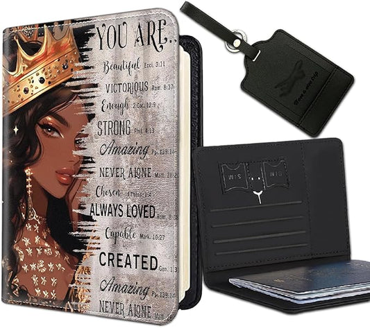 Passport Holder Women Wallet with Luggage Tag, Leather Passport Cover with RFID Blocking, Travel Accessories Multi Card Slot Passport Case for Men，African American Black Girl Quotes