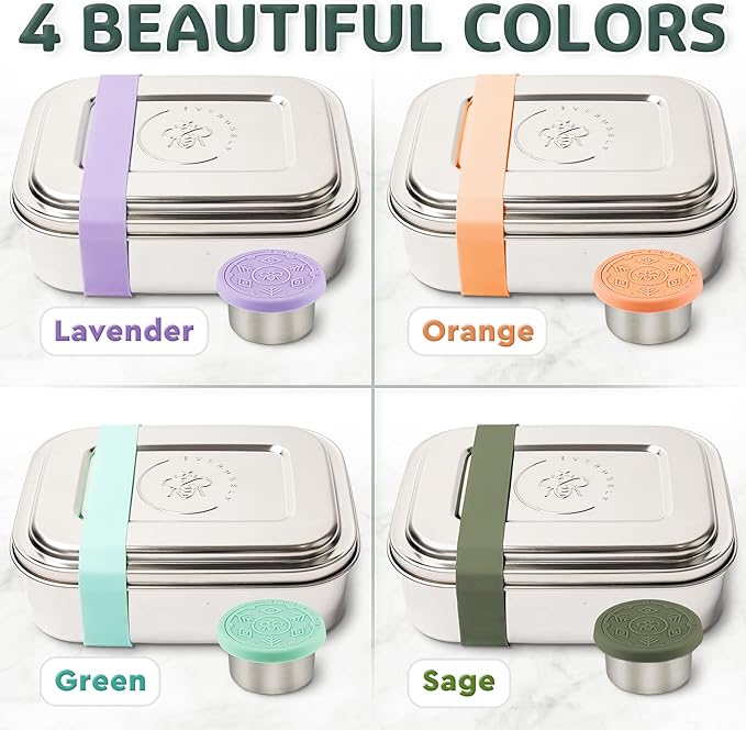Everusely - Bento Box - Sage, 37oz / 1.1 L - Stainless Steel Lunch Box with Leakproof Condiment Container - 3 Compartment Snack Organizer for On the Go Meals - Freezer & Dishwasher Safe