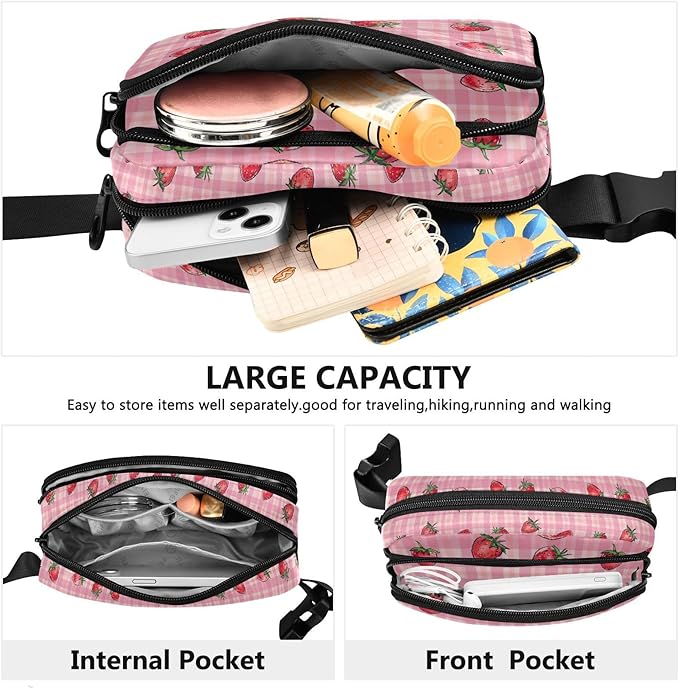 Pink Strawberry Checkered Plaid Fanny Pack for Women Men Water Resistant Fashion Waist Packs with Adjustable Strap Belt Bag for Travel Workout Jogging Hiking 21219342