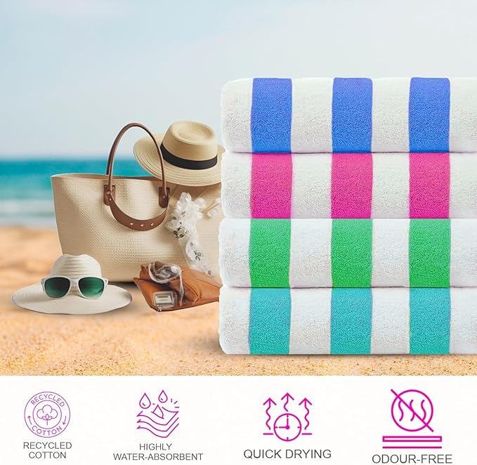 CASA COPENHAGEN Cabana Towel 4Pcs Motley Color Designer Stripe Beach Towels Gift Set, 30"x60" Oversized 100% Cotton Pool Bath Towel for Beach Gift Set (Perfect Summer Gift Set for Women & Men)