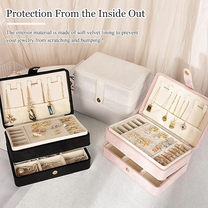 MODENGKONGJIAN Jewelry Organizer Box, 2-Layer Large Jewelry Storage Case, Portable Travel Jewelrys Display Holder for Earrings, Necklaces, Bracelets (White,Velvet)