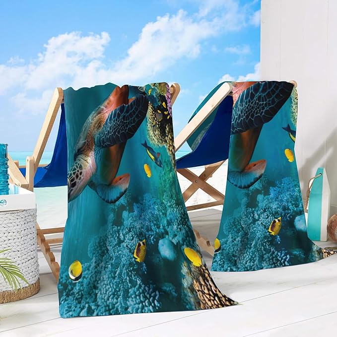 Beach Towel,Undersea World Turtle and Colorful Corals Lightweight Compact Sand Free Quick Dry Oversized Pool Swimming Towels for Girls Women Adults,29.5"×59"