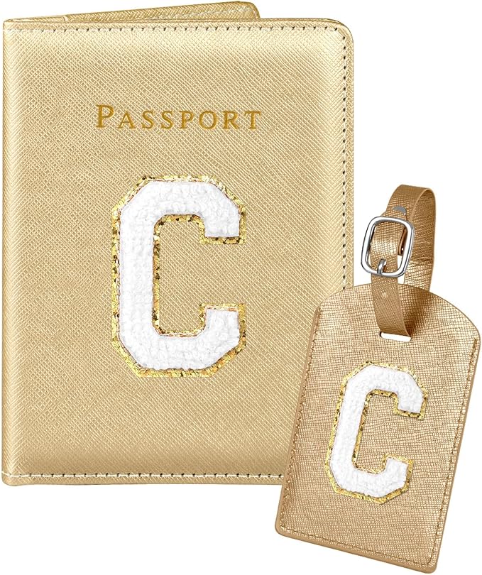 Slohif Passport Holder Initial Lugguage Tag Set Suitcase Cover Wallet Case for Travel Women - Leather Letter Passport Book Personalized Organizer Card Protector Sleeve Essentials Slim Carrier Gold C