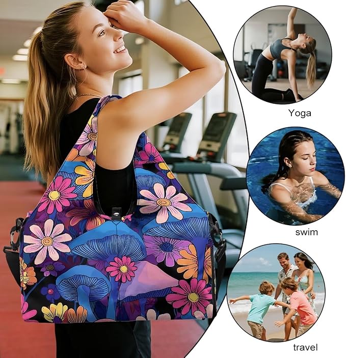 Womens Duffle Bag with Shoes Compartment, Mushroom Workout Bag with Yoga Mat Holder, Wet Pocket, Carrying Function Gym Bags for Yoga Pilates Swimming