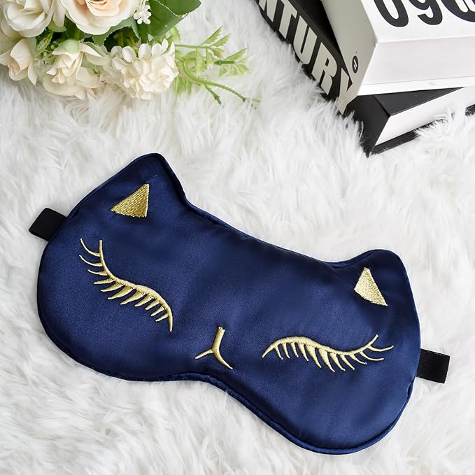 Cute Cat Silk Sleep Mask Adjustable Eye Masks Sleeping Mask Eye Cover Soft Satin Blindfold for Girls Women Men Travel Nap - Navy Blue