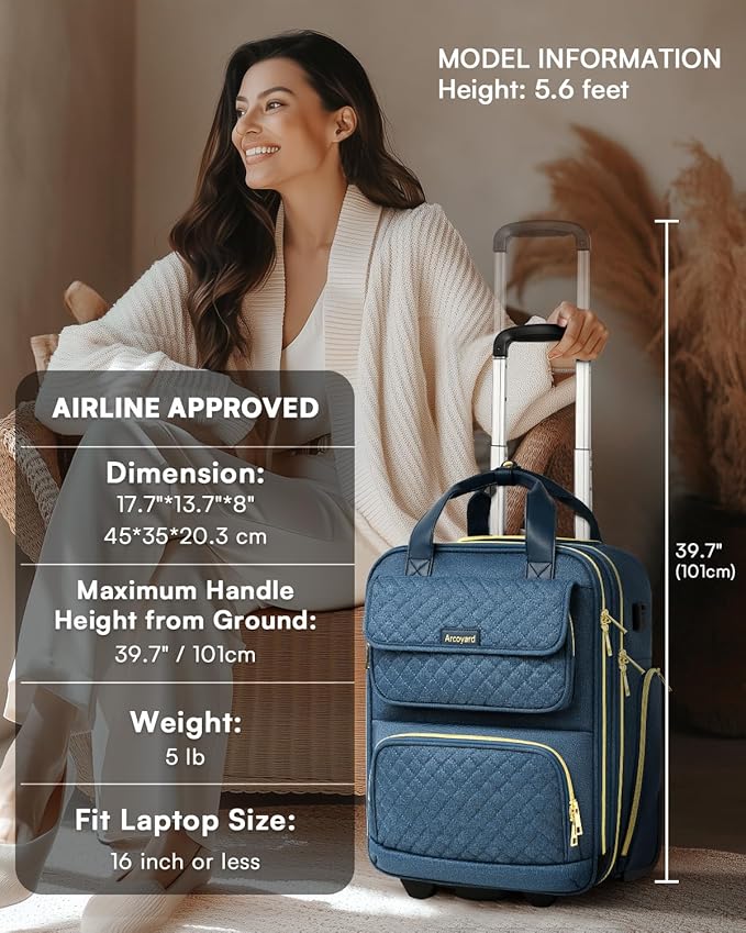 Underseat Carry On Luggage with Wheels, Airline Approved Personal Item Luggage, 16-Inch Multi-functional Underseat Luggage, Lightweight Overnight Suitcase for Women, Bussiness, Travel, Blue