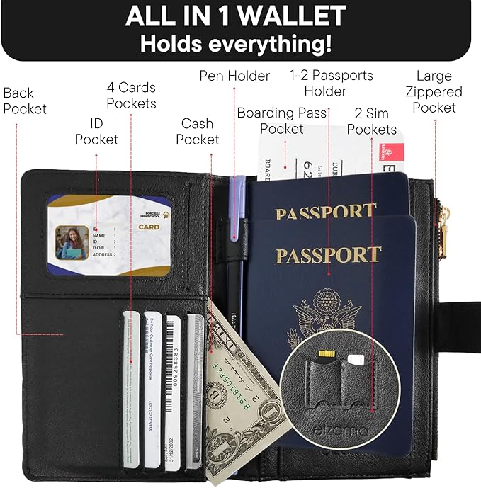elzama Women's RFID Blocking Passport Wallet, Black with Airtag Holder, Includes Keychain & Pen Holder, Zippered, 11 Pockets, Faux Leather, Slim