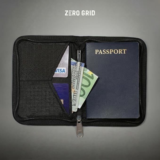 Zero Grid RFID Passport Holder & Travel Wallet, Zippered Wallet for Men & Women, Fits Passport, Cards, Cash, Tickets, ID, Sim Card, AirTag; Premium & Compact Travel Document Holder - Midnight Black