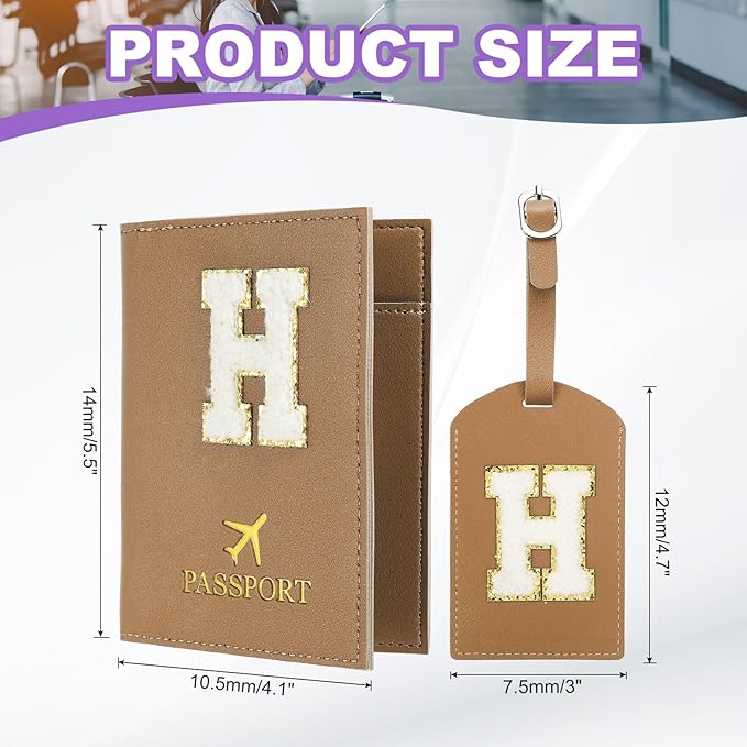 PATIKIL Passport Holder for Travel, Initial Passport Cover and Luggage Tag Set with Alphabet Chenille Letter Patch Travel Wallet Bag Suitcase Identifier for Women Family Travel Brown H