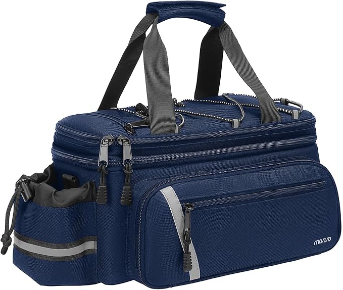 MOSISO Bike Rack Bag with Rain Cover, Bike Trunk Cooler Handag Insulated Bicycle Rear Seat Pouch with 2 Side Foldable Panniers, 8L Cycling Backseat Storage Cargo Saddle Shoulder Bag, Navy Blue