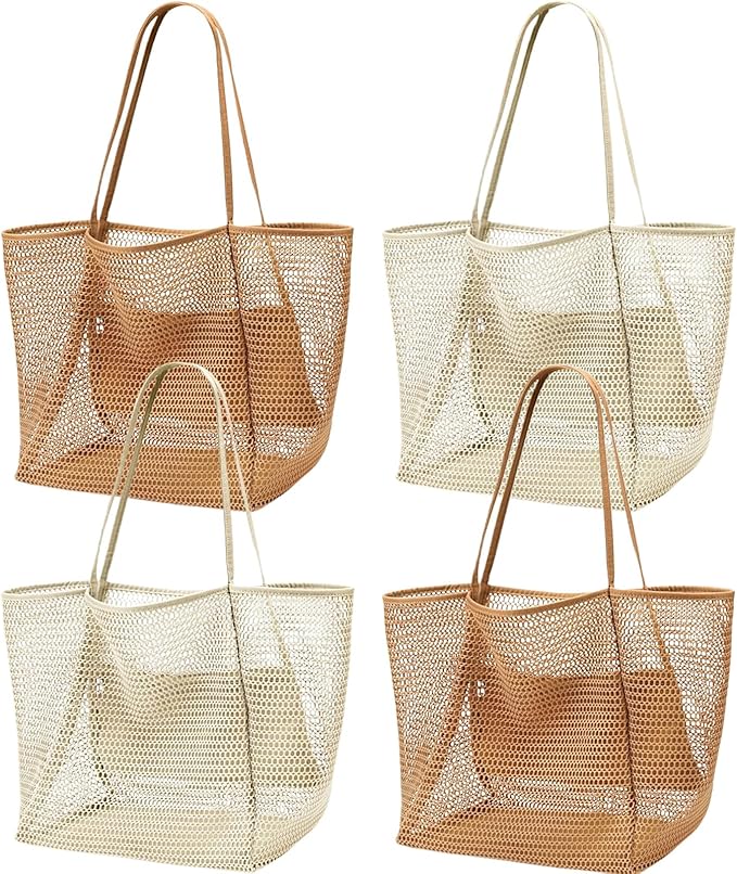 4pcs Beach Bags for Women,Nylon Mesh Summer Travel Tote Bag with Large Inner Zipper Pocket