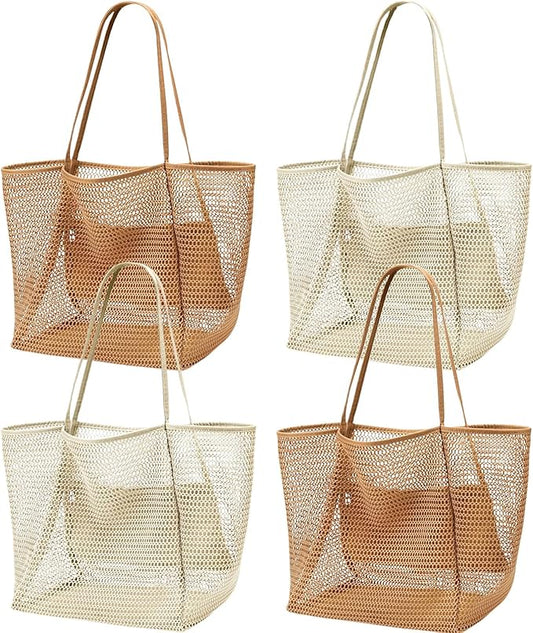 4pcs Beach Bags for Women,Nylon Mesh Summer Travel Tote Bag with Large Inner Zipper Pocket