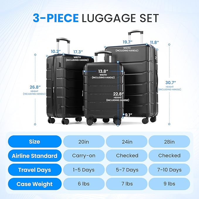 Simple Deluxe 24 Inch Expandable Hardside Carry On with Spinner Wheels & TSA Lock, ABS Hard Shell Lightweight Rolling Luggage Suitcase, Black