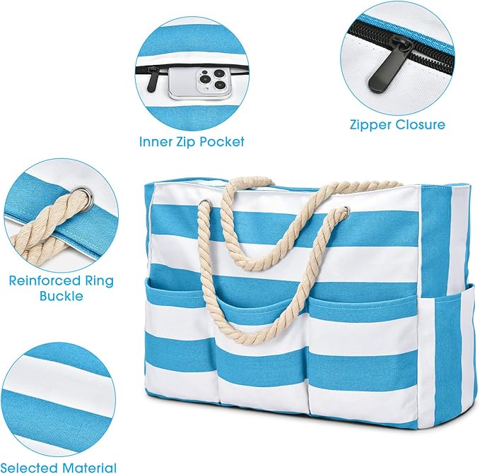 Becokan Beach Bags for Women Canvas Large Beach Tote Bag Zipper Waterproof Sandproof Foldable Swim Pool Bag with 7 Pockets