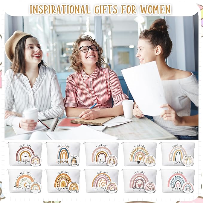 20 Pcs Employee Appreciation Gifts For Women Inspirational Canvas Makeup Bags Portable Compact Mirror Bulk Cosmetic Bags Thank You Gifts for Social Worker Coworkers (Rainbow,Warm)