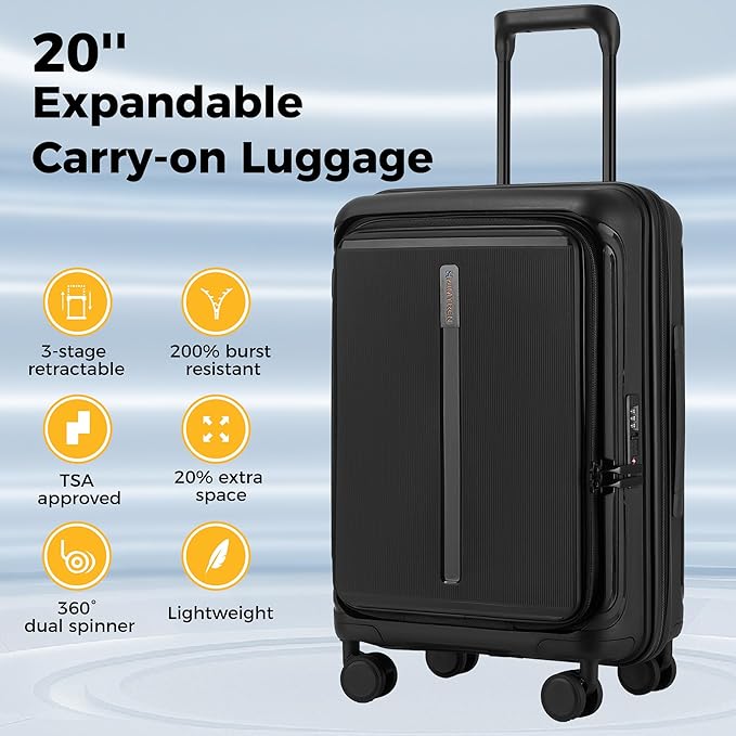 20“ Expandable Carry on Luggage Front Opening, 22x14x9 Airline Approved Hardshell Spinner Suitcase with Wheels, TSA Lock, Lightweight Travel Luggage (Black, 20 inch)