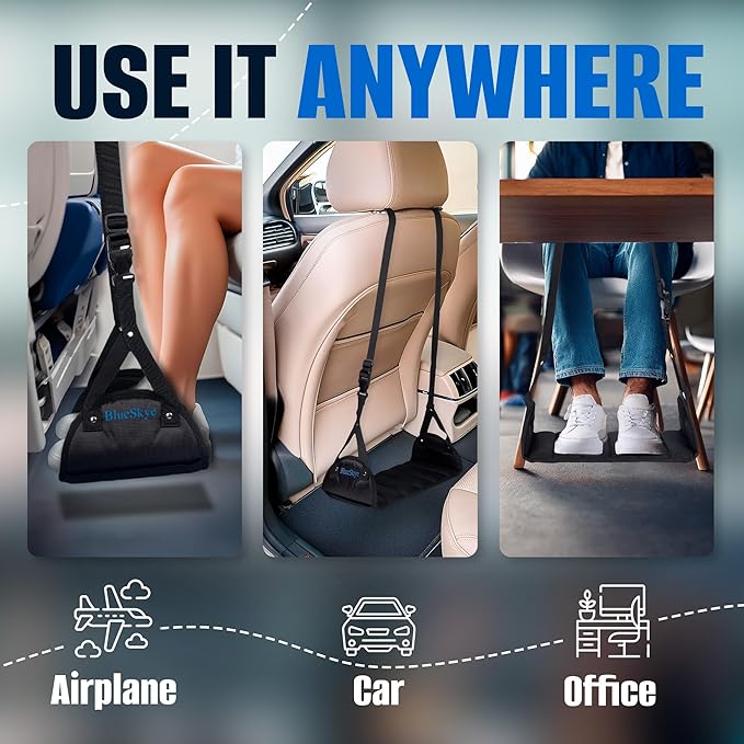 Airplane Foot Hammock for Plane Travel with Flat Base, Airplane Travel Essentials for Long Haul Flying – Foot Rest for use in Car, Office & Home – BlueSkye