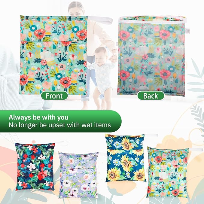 Frienda 4 Pieces Wet Dry Bag for Baby Waterproof Reusable Washable Diaper Bag Sealed with Handle for Travel, Beach, Swimsuit, Diapers, Dirty Gym Clothes and Toiletries (Flower)
