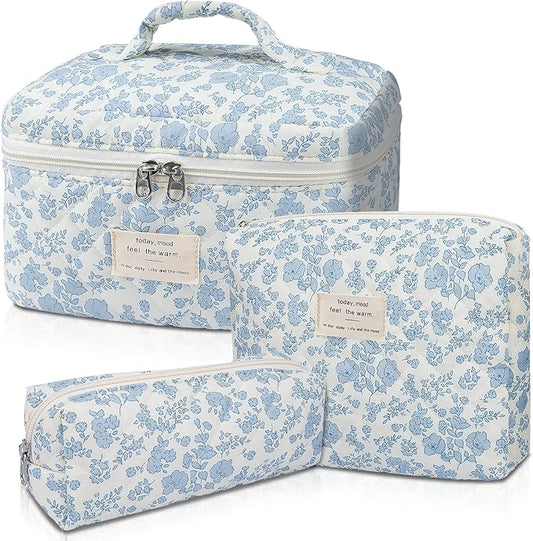Makeup Bag, Large Quilted Cosmetic Bag, Big Floral Make Up Bag for Women Girls, Cute Cotton Makeup Bag Set, Flower Travel Toiletry Organizer Bag (Blue Flower)