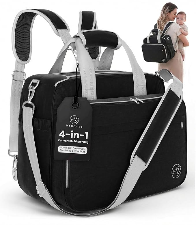 Mellories 4 in 1 Convertible Diaper Bag Tote For Baby Boys and Girls - Converts Into Diaper Backpack, Baby Tote, Stroller Bag and Crossbody Diaper Bag - Black Baby Travel Bag - Gift for Mom