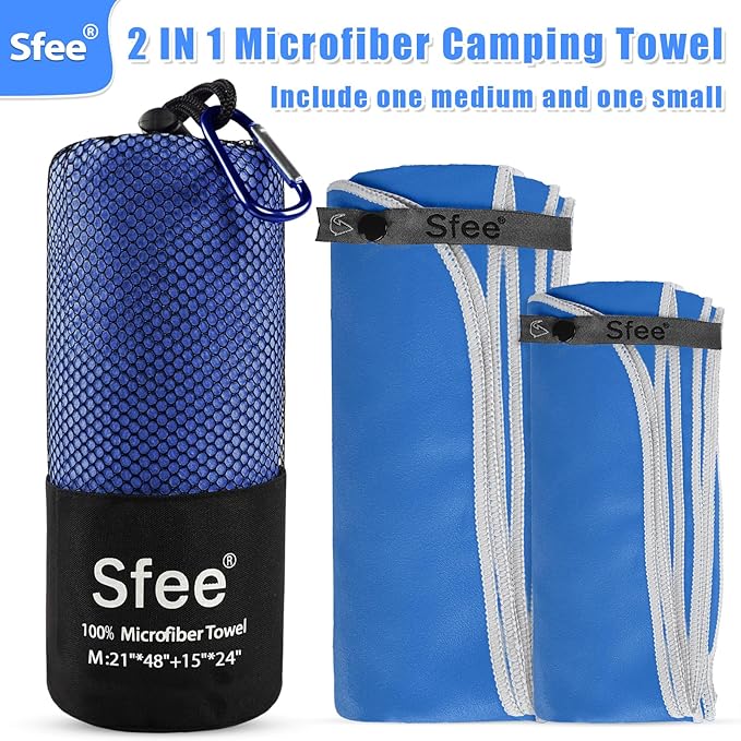 Sfee 2 Pack Microfiber Travel Towel, Quick Dry Towel Camping Towel Super Absorbent Compact Lightweight Sports Swim Gym Towels Set for Gym, Hiking, Pool, Backpacking, Bath, Yoga (M :48"x21"+24"x15")