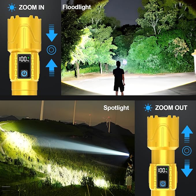 Banral Rechargeable Tactical Flashlights 2000 High Lumens - 5000mAh Super Bright LED Powerful Flash Light, Waterproof Handheld USB C Flashlight for Home,Car,Camping,Emergencies,5 Modes (1, Gold)