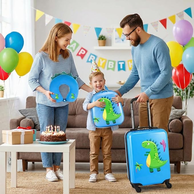 Sanwuta 4 Pcs Kids Luggage Set Rolling Suitcase Backpack U-shaped Pillow Kids Carry On Gift for Summer Travel Family Trip(17 Inch,Dinosaur Style,Blue)