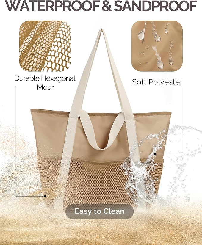 HOMESPON Beach Bag Large Waterproof Sandproof Foldable Tote for Women with Zipper Mesh Pockets for Pool Swim Travel Everyday