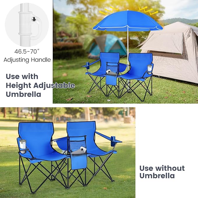 KOTEK Double Camping Chair, Folding Camp Chair with Removable Umbrella, Cup Holders, Cooler Bag, Side Pocket & Carry Bag, 2-Person Beach Chair for Outdoor, Sports, Concerts, Travel, Picnic (Blue)
