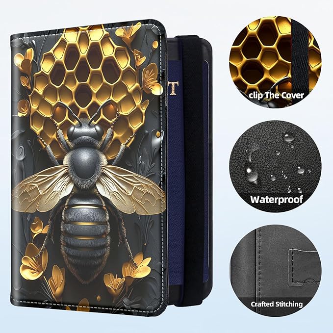 Passport Holder for Travel, RFID Blocking Passport Holder Travel Walle, Passport and Vaccine Card Holder, Vacation Must Haves Travel Accessories for Men Women, Golden Bee Hive