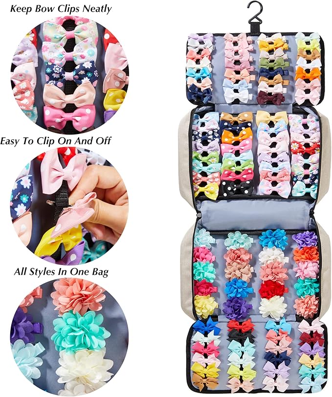 Hair Accessories Organizer for Girls, Hair Accessories Storage Bag, Hair Bow Storage Organaizer for Girls with Multi-Compartments, Baby Hair Accessories Organizer for Travel (Beige)