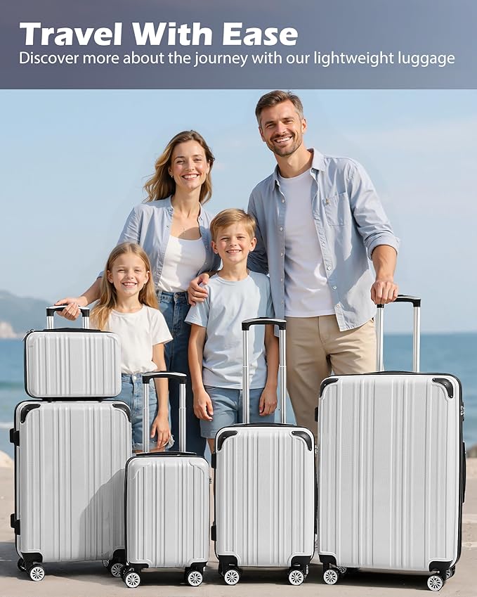 Coolife Luggage Sets, 5 Piece Durable Suitcase, Lightweight Carry on Luggage with PC+ABS Hardshell, Dual Spinner Wheels, TSA Lock and YKK Zipper (white grid new, 5 piece set)