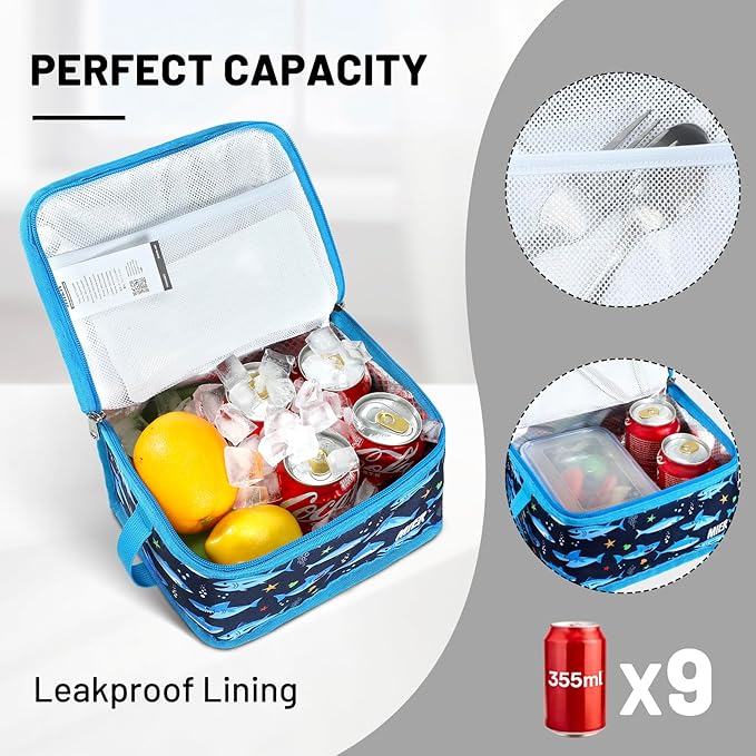 MIER Insulated Lunch Box for Men Women Kids Portable Small Lunch Bag 9 CAN Compact Thermal Mini Cooler for School Work Picnic, Blue Fish