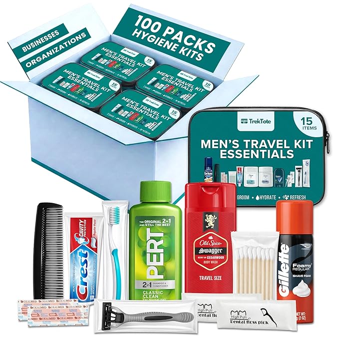 TrekTote 15 Piece Set Men’s Travel & Hygiene Kit with Clear Toiletry Bag, Grooming & Personal Care Essentials, Single Kit or Bulk Case Packs