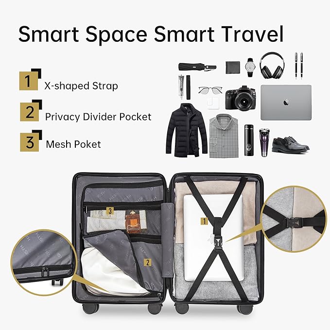 Carry on Luggage 22x14x9 Airline Approved, 20 Inch Carry-on Suitcase, Hard Shell Luggage with Spinner Wheels, Hardside Small Rolling Suitcase with TSA Lock for Travel (Black, 20 Inch)