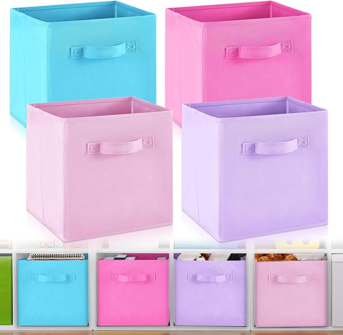 Yinder 4 Pcs Cube Storage Bin Pink 11'' Storage Bins for Playroom Decor Colorful Bins for Kids Purple Foldable Baskets for Nursery Organizer Boxes Fabric Boxes