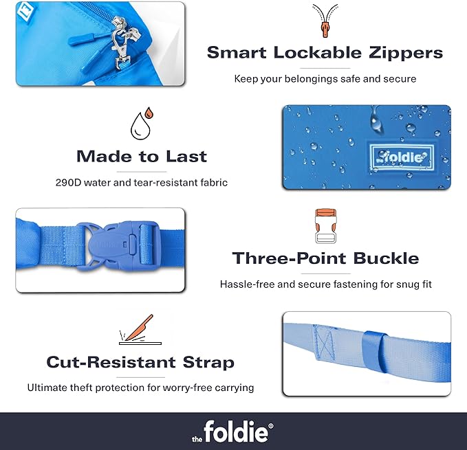 The Foldie Foldable Crossbody Bags for Women & Men - Anti-Theft RFID-Safe Fanny Pack with Smart Lockable Zippers and Cut-Resistant Strap - Lightweight Waist Pack for Travel & Everyday Use - Azure