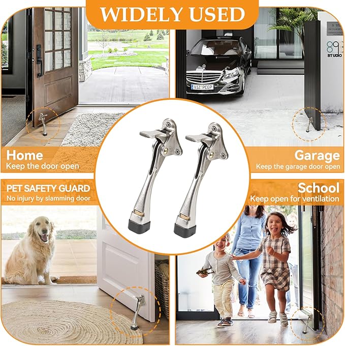 Kickdown Door Stopper 5 Inches - 2 Packs One Touch Adjustable Height Door Stop for The Bottom of Door Aluminum Alloy Metal Door Stopper with Rubber Tip & Wall Protectors for Wide Doors Nickel